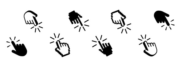 Computer mouse click cursor isolated on transparent. Cursors icons click set. Cursor set in hand, arrow and mouse forms, hand pointer.	