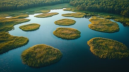 Aerial view of wetland capturing natural grid like symmetry of pocket of water tall grass soft directional light of early morning or late afternoon accentuates texture landscape enhancing repeating