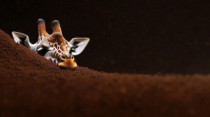 Obraz premium A giraffe resting atop a mound of dirt with its head nestled in a piece of food