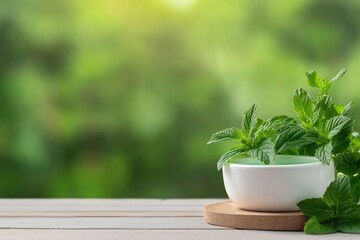 Mint plant in bowl fresh green herbs natural remedy wellness