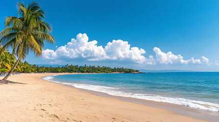 Fototapeta premium Beautiful tropical beach with blue sky and white clouds abstract texture background. Copy space of summer vacation and holiday business travel concept.