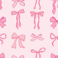 Seamless Hand Drawn Pink Bow Pattern on Pink Background