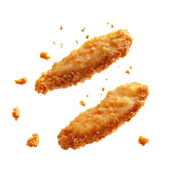 Fried chicken tenders flying isolated on white background. Crispy and delicious chicken strips with bread crumbs floating in air, isolated on white background. Fried chicken fingers