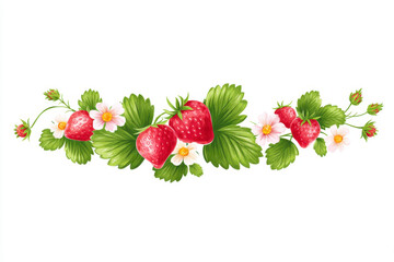 Strawberry Garland with Blossoms and Leaves on a White Background.