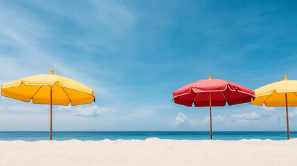 Colorful beach umbrellas against a blue summer sky