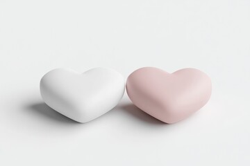 Two simple heart shapes, one white, one light pink, sit side by side on a plain white background.  A gentle, romantic image