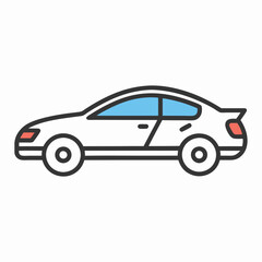 Fototapeta premium Flat vector illustration of a modern car in side view with black outline and blue windows. Minimalist and colorful design suitable for automotive or transportation themes.