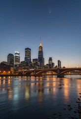 Naklejka premium A modern cityscape with illuminated bridges reflecting on a calm river under the glow of evening lights Generative AI