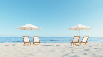 Three dimensional render of deck chair and beach umbrellas on deserted beach in summer