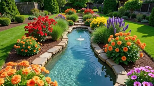 Beautiful Garden with Stone Pathway and Colorful Flowers