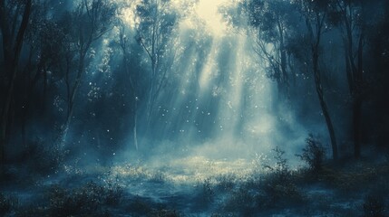 Fototapeta premium A misty forest with rays of sunlight breaking through the trees, creating a magical atmosphere