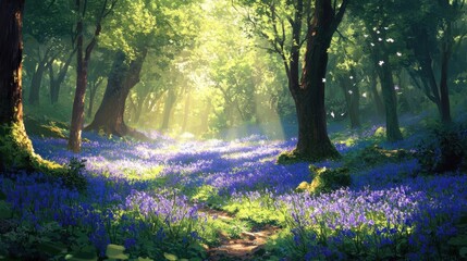 Obraz premium A dense forest with a carpet of bluebells in spring, sunlight filtering through the trees 
