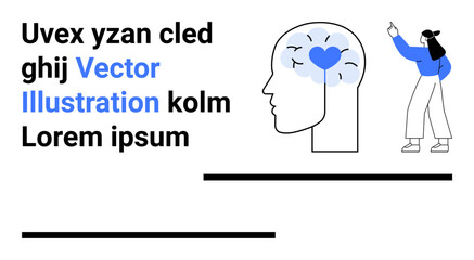 Figure points to a brain with a heart symbol, representing emotional intelligence, critical thinking, creativity, and personal growth. Ideal for wellness, cognition, learning, self-help mental
