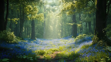 Fototapeta premium A dense forest with a carpet of bluebells in spring, sunlight filtering through the trees 