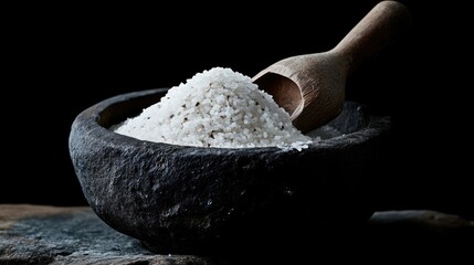 Coarse White Grains in Bowl with Wooden Scoop