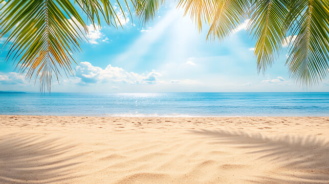 Summer background with frame, nature of tropical golden beach with rays of sun light and leaf palm. Golden sand beach close-up, sea water, blue sky, white clouds. Copy space, summer vacation concept.