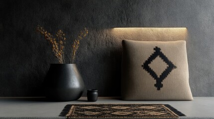 Modern, minimalist decor with neutral tones.  Dried flowers, a vase, pillow, and rug