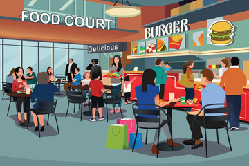 People Eating in Food Court Vector Illustration