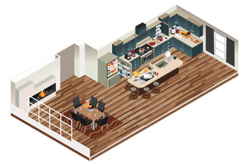 Isometric Kitchen Dining Room Home Vector Illustration