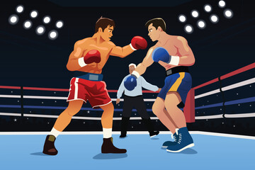 Professional Boxing Match in a Ring Vector Illustration