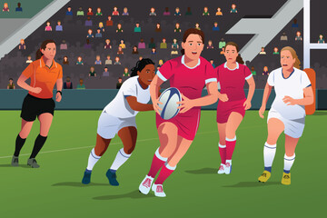 Women Rugby Match Vector Illustration
