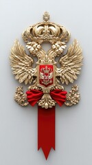 Ornate gold emblem with red ribbon, royal crest design
