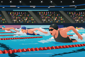 Women Swimming Competition Vector Illustration