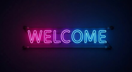 Obraz premium Neon 'Welcome' sign in pink and blue, isolated on transparent background