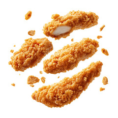 Fried chicken tenders flying isolated on white background. Crispy and delicious chicken strips with bread crumbs floating in air, isolated on white background. Fried chicken fingers