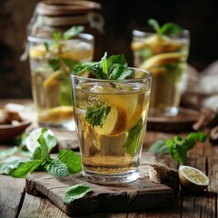Water & herbs on a wooden background.