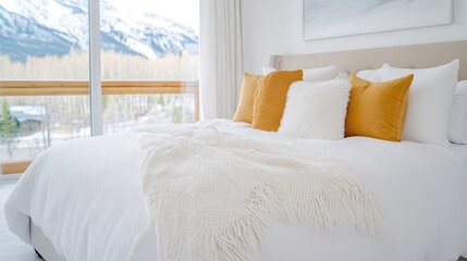 Cozy bedroom with mountain view.  Soft white bedding and warm orange accents create a tranquil space