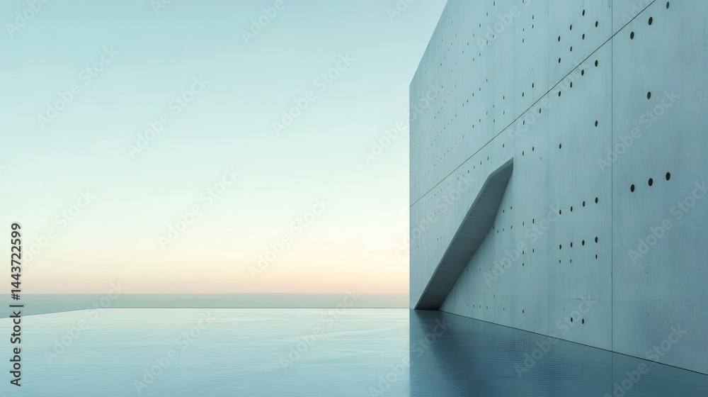 Aufkleber 青い空と水面が映るコンクリート壁面のミニマル建築風景 青色のグラデーションと幾何学的な形状のモダンデザイン