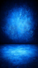 Dark blue studio background, empty floor, textured wall, spotlight effect, ideal for product display