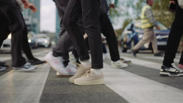 Side view gimbal following female feet steps walking pedestrian crossing street, sunny day, young woman wearing black pants and sneakers goes crosswalk. Low angle people legs stepping zebra asphalt