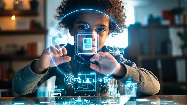 Young inventor explores digital creativity with futuristic holographic technology Generative AI