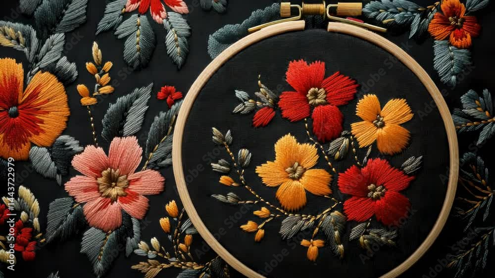 Poster Close-up of an embroidered design on a wall, featuring intricate patterns and colors