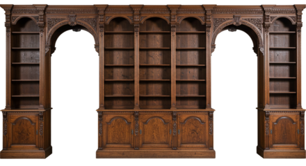 Ornate wooden bookcase with arched openings and detailed carvings in a classic style design