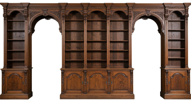 Ornate wooden bookcase with arched openings and detailed carvings in a classic style design
