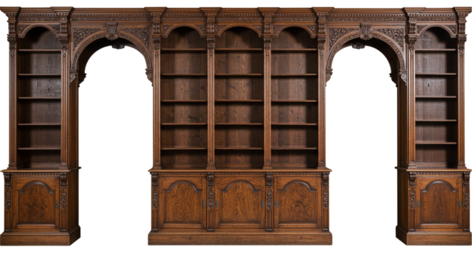 Ornate wooden bookcase with arched openings and detailed carvings in a classic style design