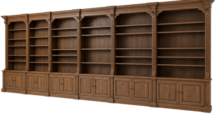 Long brown wooden bookshelf with multiple shelves isolated on white background, suitable for home library setups, educational illustrations, office decor visuals, and storage concepts