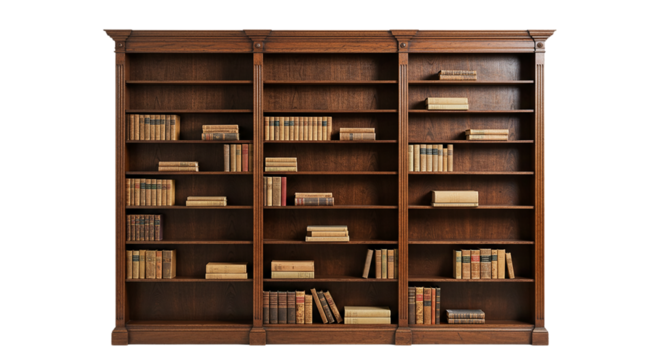 Classic wooden bookshelf filled with books isolated on white background, ideal for library themes, reading corners, study visuals, and antique furniture catalog or education content