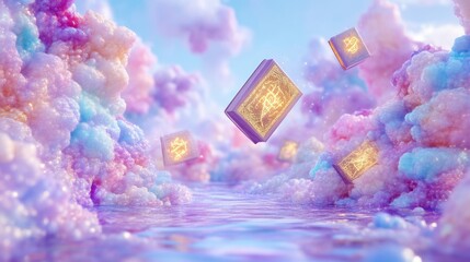Dreamlike cloudscape with floating books.  Pastel colors