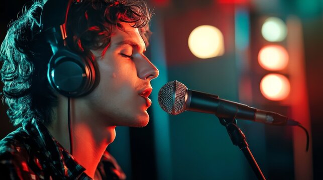 Man sings with mic in recording studio.