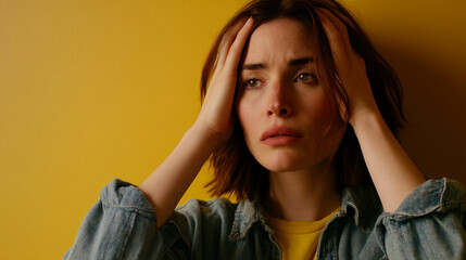 Woman with brown hair, wearing denim jacket, holds head in hands against yellow background, conveying stress or anxiety