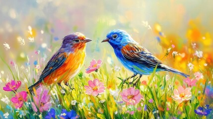 Two Colorful Birds on a Vibrant Flower Meadow in Bright Spring Landscape.