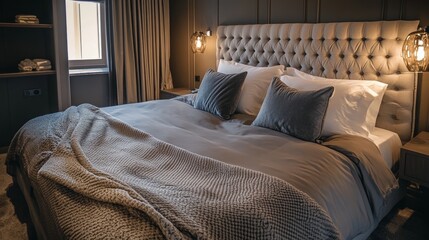 Gray bed, fancy headboard in dim, cozy room.
