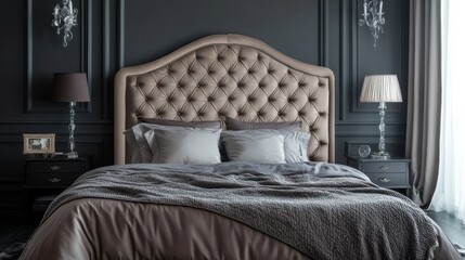 Dark, comfy bedroom: gray sheets, upholstered headboard.