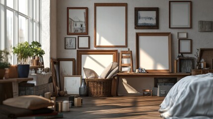 Photo frames sit on the bedroom's wood table.