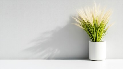 A white ceramic pot with green artificial grass plant standing on a minimalist white shelf against a plain light grey wall, and indoor decor concept.