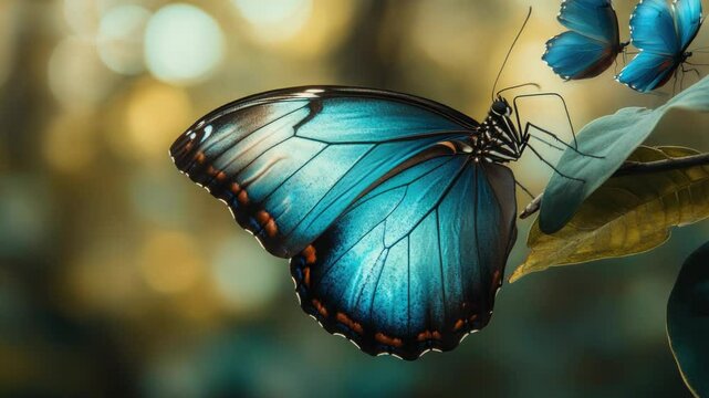 A small blue butterfly perched on the edge of a green leaf, surrounded by foliage
